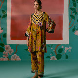 Mustard Floral Velvet Kurta Set