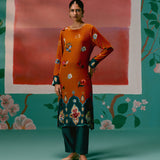 Mustard Teal Floral Velvet Kurta Set