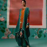 Mustard Teal Floral Velvet Kurta Set