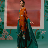 Mustard Teal Floral Velvet Kurta Set