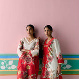 Ecru & Red Floral Kaftan Set