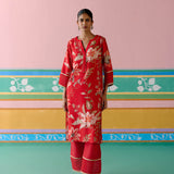 Red Chintz V-neck Kurta Set